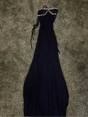 Strapless Navy Maxi Dress with Pink Scallop Trim